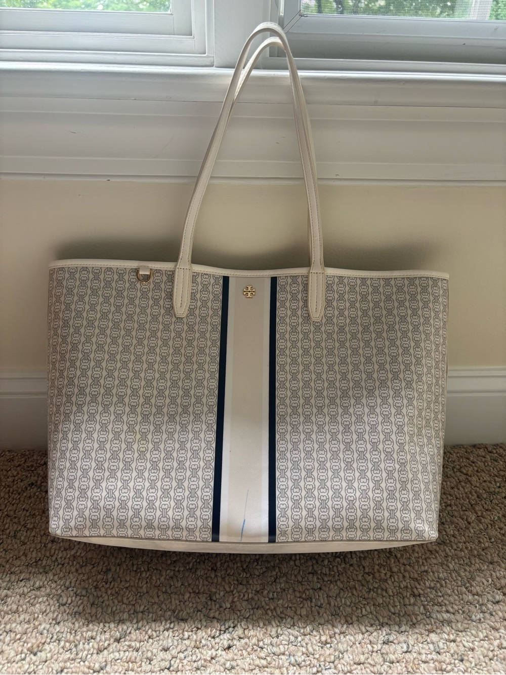 Tory Burch Cream Signature Tote with Navy Center Stripe